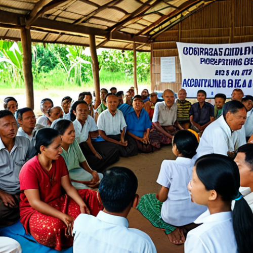 Home 11 **
A bustling annual general meeting (AGM) of an agricultural cooperative in a rural Malaysian village. Focus on a small, determined farmer confidently speaking at the meeting, surrounded by other cooperative members. The scene should convey a sense of community, participation, and democratic decision-making. "Mesyuarat Agung Koperasi" banner can be included in the background.
**