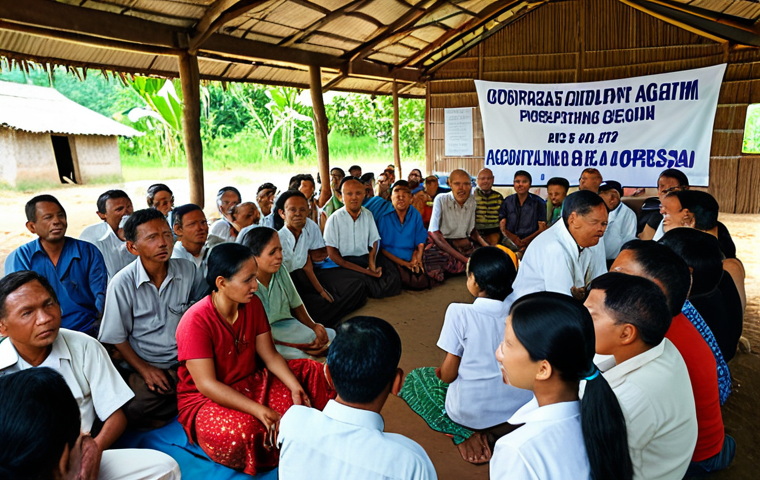 **
A bustling annual general meeting (AGM) of an agricultural cooperative in a rural Malaysian village. Focus on a small, determined farmer confidently speaking at the meeting, surrounded by other cooperative members. The scene should convey a sense of community, participation, and democratic decision-making. "Mesyuarat Agung Koperasi" banner can be included in the background.
**