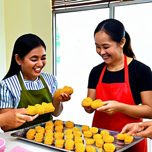 Home 6 **
A vibrant workshop scene inside a koperasi. Focus on hands-on activity: women learning to make "kuih raya" (traditional Malay cookies) from a skilled instructor. Ingredients and baking tools are visible. Emphasize the cooperative spirit, with smiles and interaction between participants. In the background, a banner with the koperasi's name. The style should be realistic and inviting, showcasing the joy of learning and community.
**