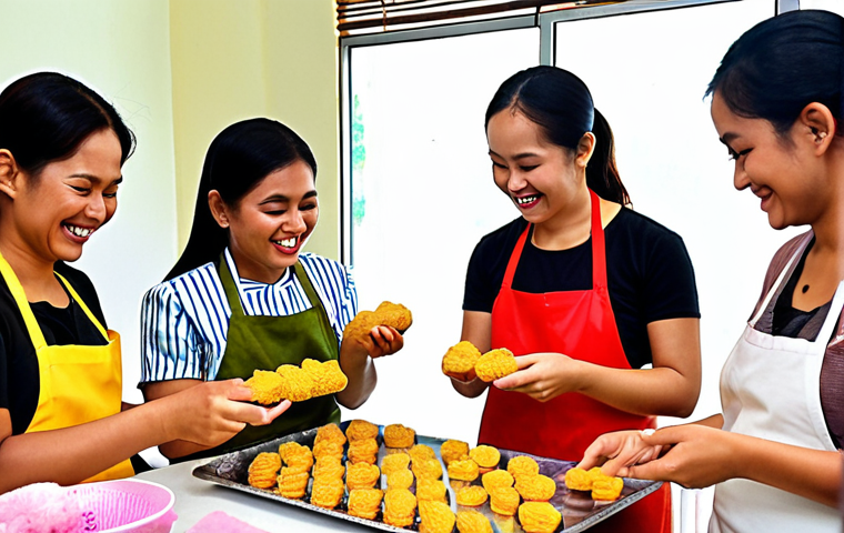 **
A vibrant workshop scene inside a koperasi. Focus on hands-on activity: women learning to make "kuih raya" (traditional Malay cookies) from a skilled instructor. Ingredients and baking tools are visible. Emphasize the cooperative spirit, with smiles and interaction between participants. In the background, a banner with the koperasi's name. The style should be realistic and inviting, showcasing the joy of learning and community.
**